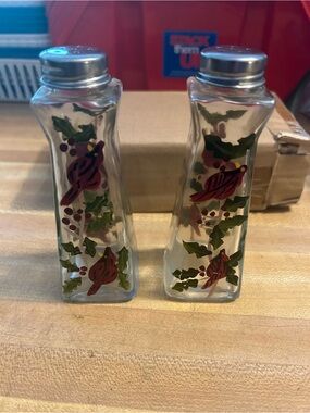 Hand-Painted Glass Salt & Pepper Shakers with Red Cardinals